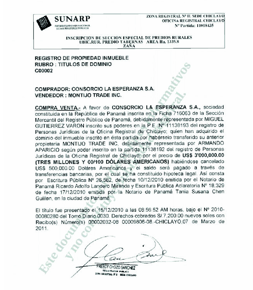 Documentos oficiales de registros públicos, informes administrativos revela que Agropucalá no tiene derechos de propiedad ni posesión sobre dicho fundo.